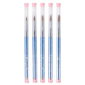 Dettaglio del pennello per nail art con manico in metallo blu e tubo di protezione trasparente.