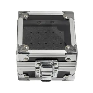 Mini aluminum nail drill bit storage box with clear lid and sponge insert for desktop tidy.