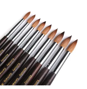 Kolinsky nail art brush set with wooden handle for acrylic and gel painting design detail view.