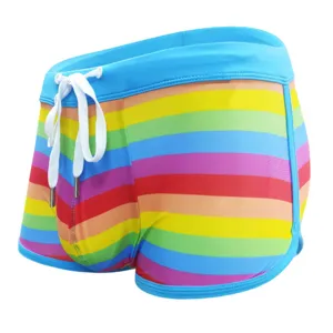 Men rainbow striped boxer swim trunks with blue waistband and white drawstring quick dry.
