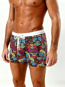 Men Quick Dry Swim Trunks Colorful Skull Floral Print Boxer Briefs Elastic Drawstring Waist Athletic Board Shorts
