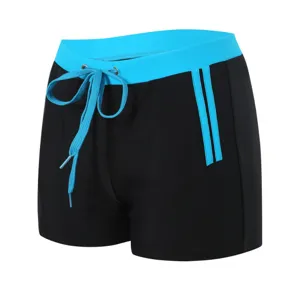 Men's boxer swim trunks in black and blue contrast drawstring summer beachwear.