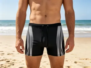 Detalle de bañador profesional para hombre, bóxer deportivo de secado rápido playa.