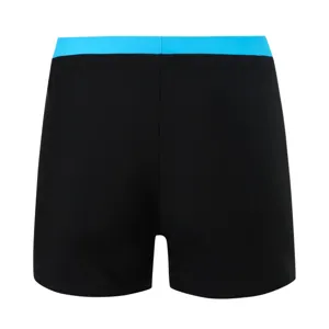Close-up detail view of men swim trunks featuring contrast blue waistband and black fabric.