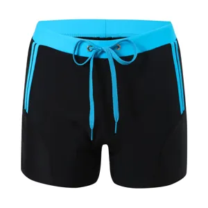 Men's black swim trunks with bright blue waistband and drawstring for beach or pool.
