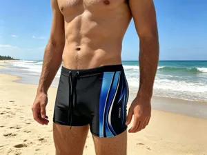 Bañador de hombre secado rápido, detalle de patrón de olas azul y negro para playa.