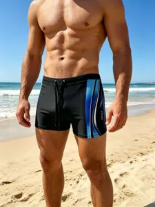 Bañador deportivo profesional para hombre con cordón y estampado de rayas azules.