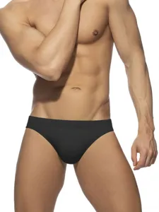 Men's low-waist solid color black swim briefs, athletic pouch design, front view main display.