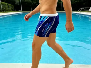 Vista cercana de bañadores deportivos azules para hombre con cordón blanco y detalles laterales.