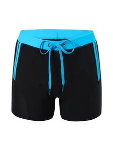 Men's contrast color swim trunks with adjustable drawstring flat angle design for summer beach.