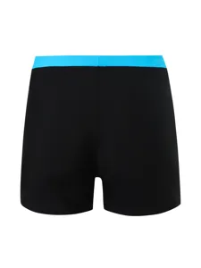 Men's black swim trunks with blue waistband, comfortable solid color boxer briefs for beach.