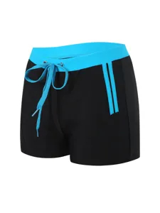 Men's black swim trunks with bright blue contrast waistband drawstring and side stripes