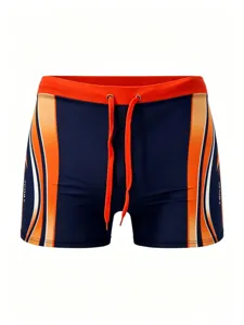 Men's professional athletic quick-dry swim trunks in blue with orange side stripes, variant style.