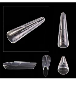 Transparent dual form nail extension tips with clear scale lines for professional manicure design.