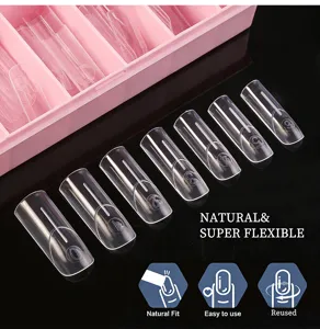 Transparent French nail tips extension with scale grid in pink storage box detail view.