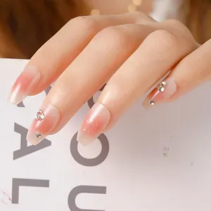 Uñas postizas bailarina forma rosa nude degradado con pedrería y brillo set de manicura