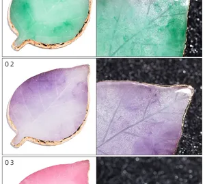 Resin leaf nail art palette detail, gold edge texture close up view, leaf vein design.