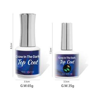 Glow in the dark top coat gel nail polish bottle size and weight specifications display.