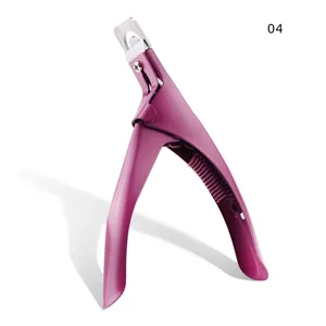 Close-up detail of the purple U-shaped false nail clipper, showing the sharp trimming blade.