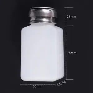 Empty plastic pump bottle for nail polish remover, professional manicure tool size detail.