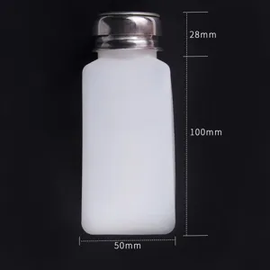 White plastic pump bottle for nail polish remover, empty dispenser container with measurements.