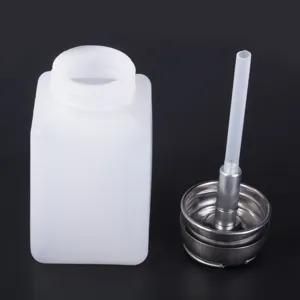 Empty plastic pump bottle for nail polish remover, cosmetic liquid container dispenser.
