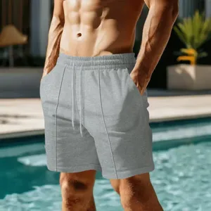 Mens quick dry solid casual beach shorts with drawstring elastic summer swim trunks grey