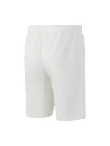 Back detail view of solid white waffle knit men's casual beach shorts with elastic drawstring.
