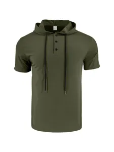 Mens short sleeve hooded t-shirt casual athletic gym fitness henley shirt detail view