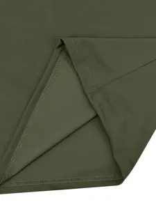 Detailed view of durable double-needle stitching on the hem of men's sportswear top.