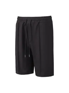 Black waffle knit casual shorts detail featuring elastic drawstring waistband and textured front.