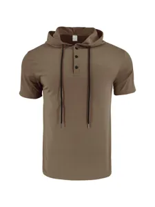 Mens casual short sleeve hoodie t shirt summer solid color henley shirt with drawstrings