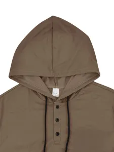 Men's solid color casual hooded henley shirt detail view, comfortable polyester fabric.
