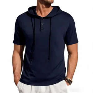Men's short sleeve hooded t-shirt casual slim fit fitness sportswear henley tops