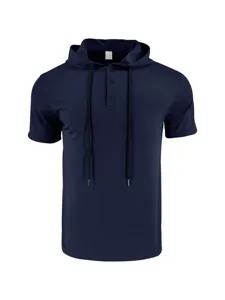 Close-up detail of the dark blue short sleeve hooded T-shirt with button placket and drawstrings.