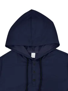 Men's casual hooded short sleeve t-shirt henry shirt detail view, size M, dark blue.
