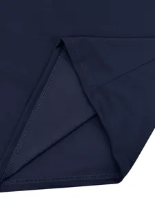 Navy blue men's sportswear detail shot, premium stitching and breathable fabric.