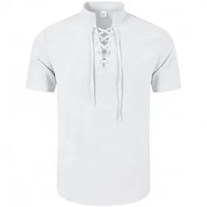 Men vintage casual lace-up henley short sleeve shirt white fashion streetwear summer top