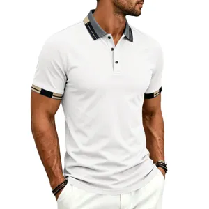 Polo de manga corta para hombre casual golf deporte top blanco con cuello de rayas