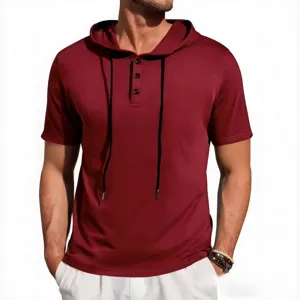 Men's burgundy short sleeve hooded t-shirt casual henley top with adjustable drawstrings