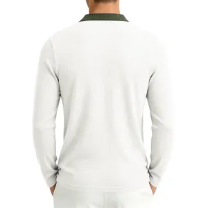 Men's casual long sleeve polo shirt in white with green lapel collar, detailed back view display.