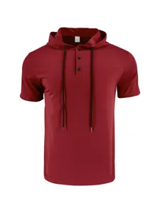 Detailed view of men short sleeve red hooded henley t-shirt with drawstring and buttons.