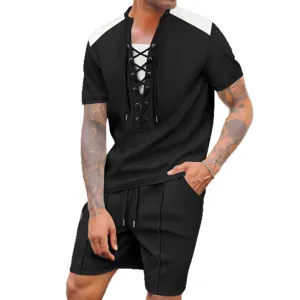 Men casual lace-up short sleeve t-shirt and shorts two piece set for summer daily wear.