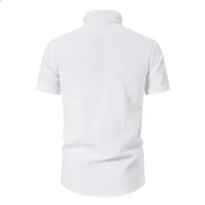 Men's solid white short sleeve henley shirt casual summer top back view basic apparel