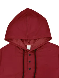 Men's dark red short sleeve hooded henley t-shirt collar detail with buttons and drawstrings.