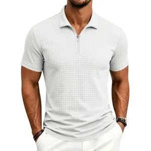 Detailed close-up view of a stylish white jacquard knit polo shirt with zipper collar.
