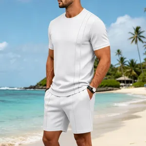 Men's summer waffle knit short sleeve t-shirt and shorts casual tracksuit white beach set