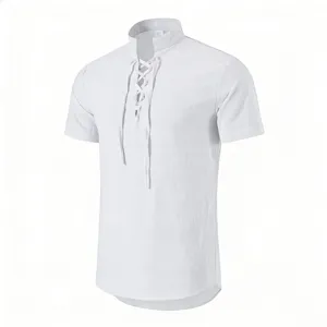 Men's retro casual lace-up short sleeve shirt white summer stylish vintage streetwear top