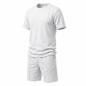 Men's white waffle knit short sleeve t-shirt and casual shorts summer sportswear set.