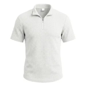 Men's waffle knit short sleeve polo shirt with quarter zip stand collar casual summer top.